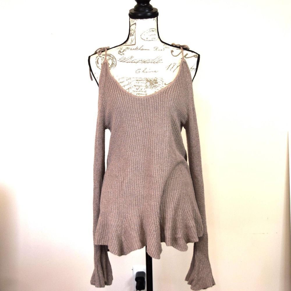 Express Knit Sweater Top Womens Size M Brown Taupe Cold Shoulder Long Sleeve  